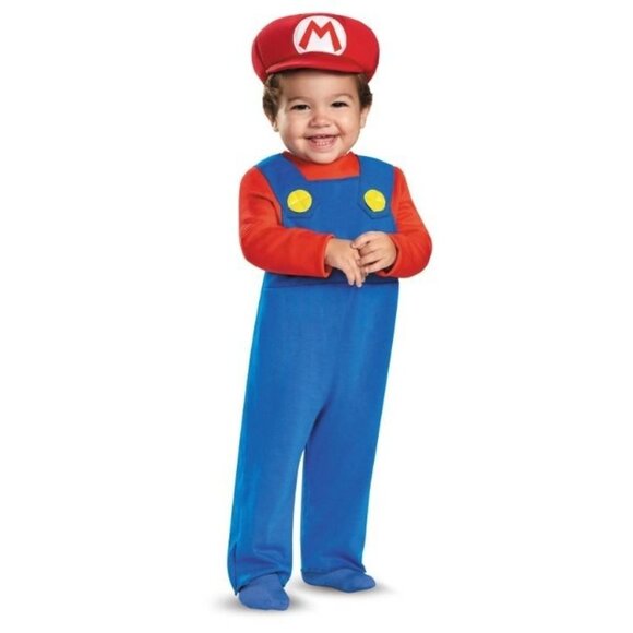 Super Mario Baby Costume 12-18 Months Jumpsuit Hat Mustache Disguise Halloween - Picture 2 of 7